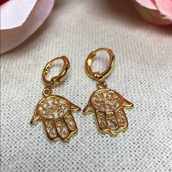 🧿Gold Boho Hamsa Hand Protection Earrings - Picture 4 of 8